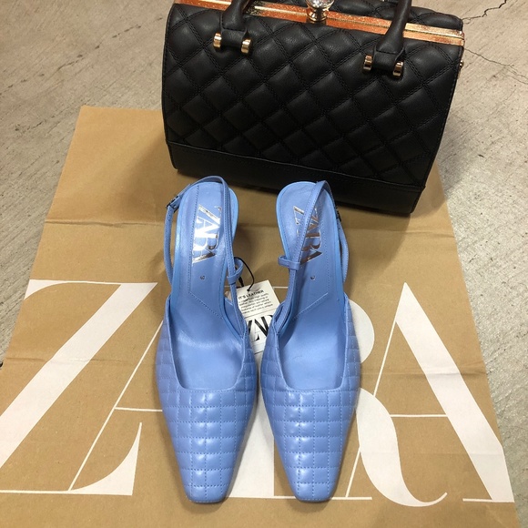 💙💙💙 ZARA LEATHER Heeled Quilted Shoes Sandals, 40, NWT - Picture 3 of 5